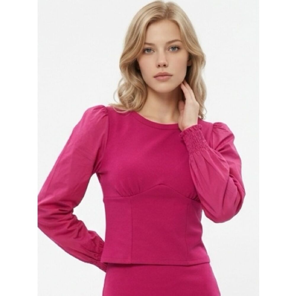BY ANTHROPOLOGIE | Hot Pink Dual Fabric Ruffle Cuff Top Women’s Size Small